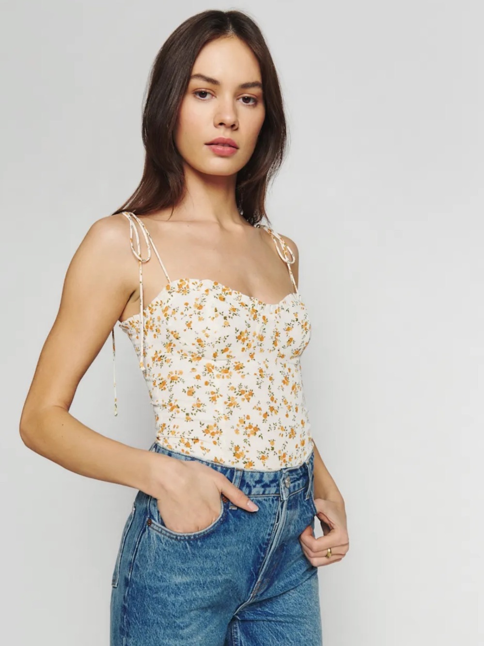Reformation Novena White Floral Tie-Shoulder Cami